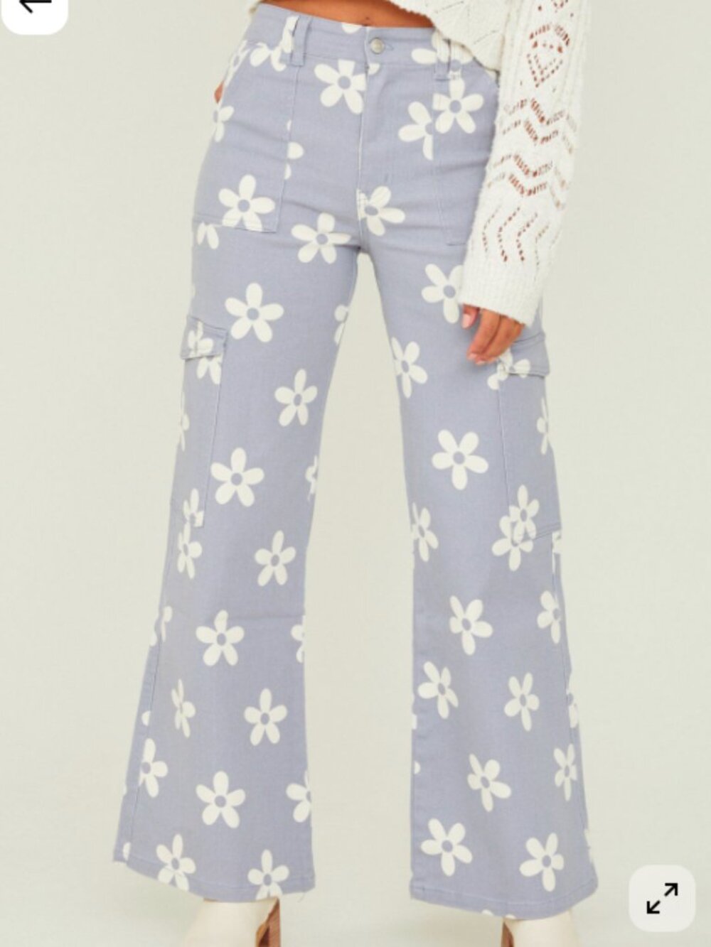 Blue Floral Wide-Leg Cargo Pants